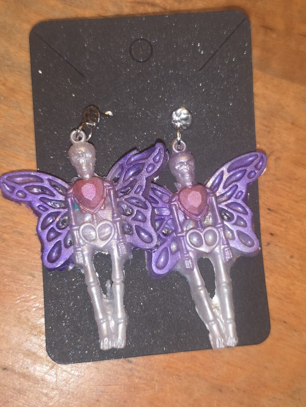 Resin Purple Winged Butterfly Skeleton Earrings On Silver Tone Stud Posts